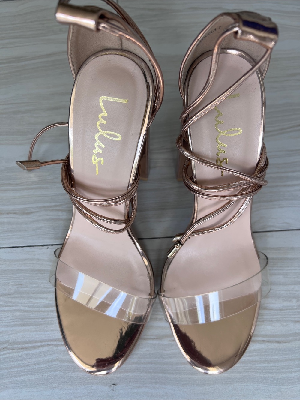 Lulu's Rose Gold Strappy Heels with Clear Toe Band